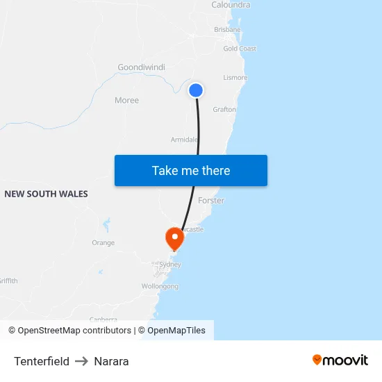 Tenterfield to Narara map