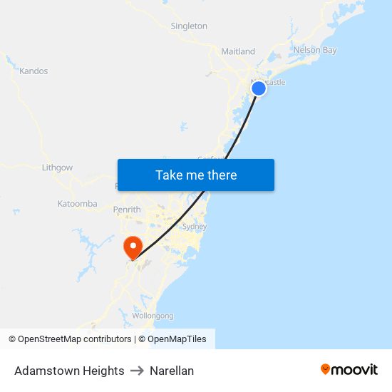 Adamstown Heights to Narellan map