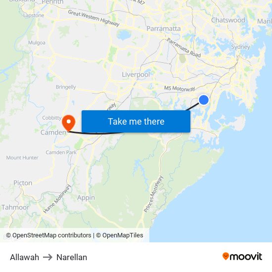 Allawah to Narellan map