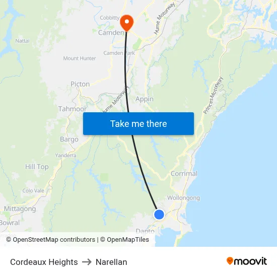 Cordeaux Heights to Narellan map