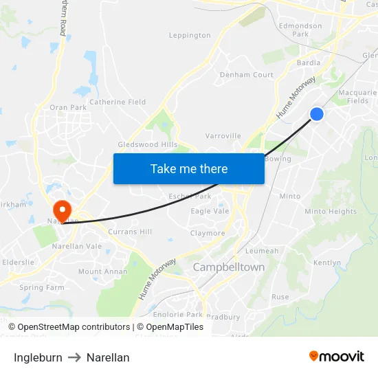 Ingleburn to Narellan map