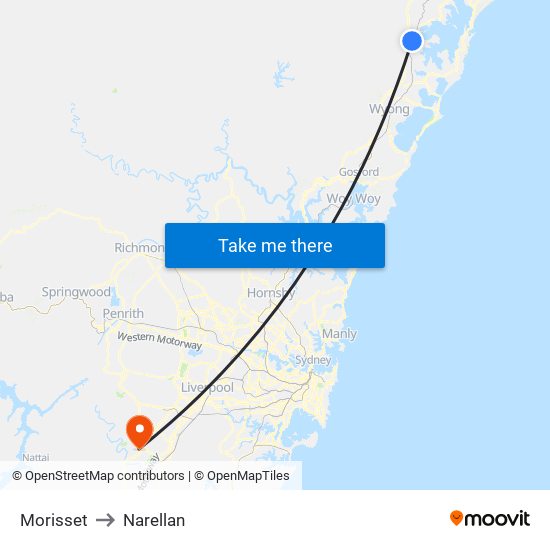 Morisset to Narellan map