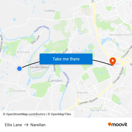 Ellis Lane to Narellan map