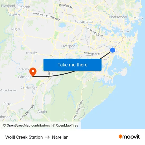 Wolli Creek Station to Narellan map