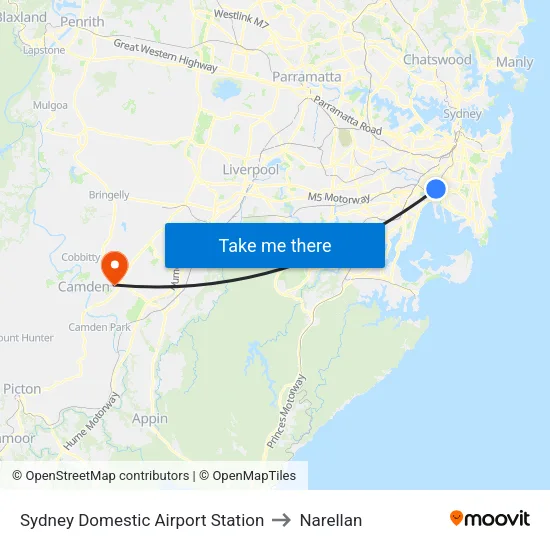 Sydney Domestic Airport Station to Narellan map
