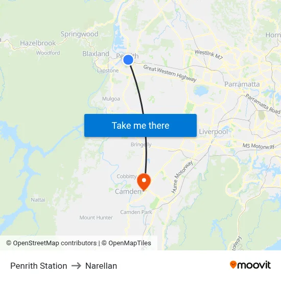 Penrith Station to Narellan map