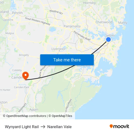 Wynyard Light Rail to Narellan Vale map