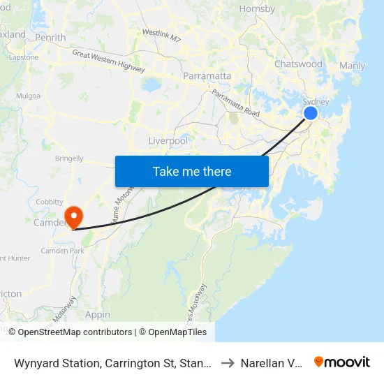 Wynyard Station, Carrington St, Stand A to Narellan Vale map