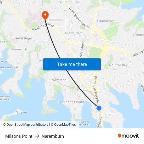 Milsons Point to Naremburn map