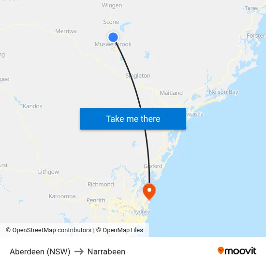 Aberdeen (NSW) to Narrabeen map