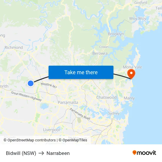 Bidwill (NSW) to Narrabeen map