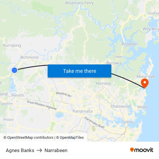 Agnes Banks to Narrabeen map