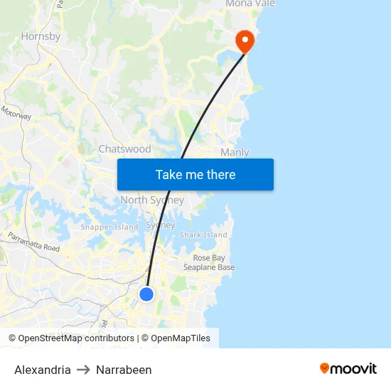 Alexandria to Narrabeen map