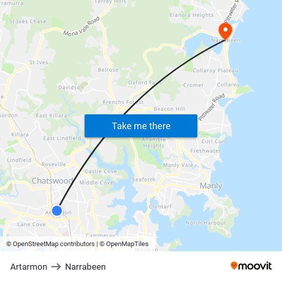 Artarmon to Narrabeen map