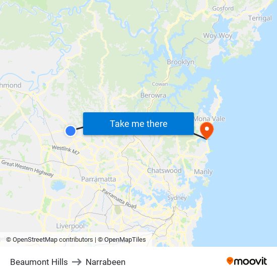 Beaumont Hills to Narrabeen map