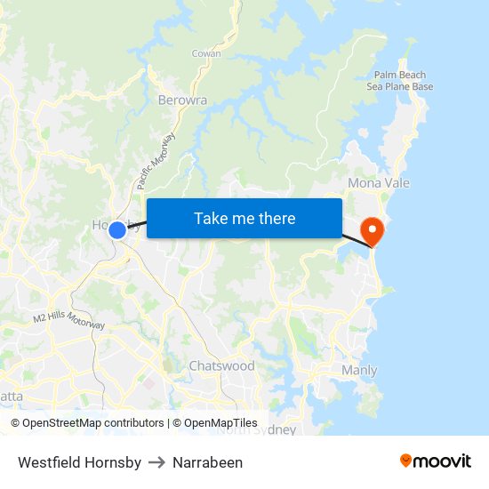 Westfield Hornsby to Narrabeen map
