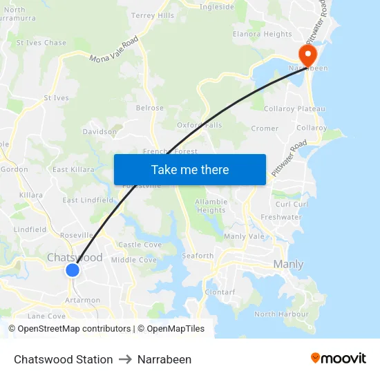 Chatswood Station to Narrabeen map