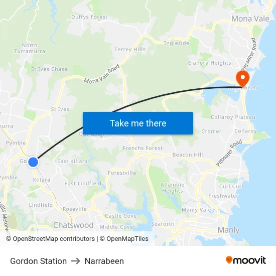 Gordon Station to Narrabeen map