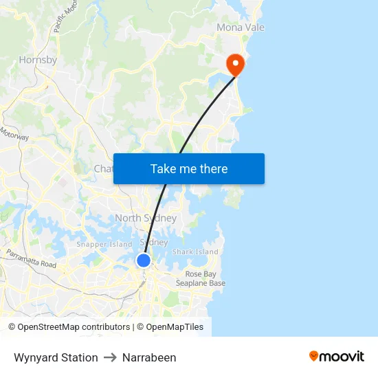 Wynyard Station to Narrabeen map