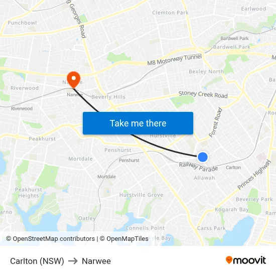 Carlton (NSW) to Narwee map