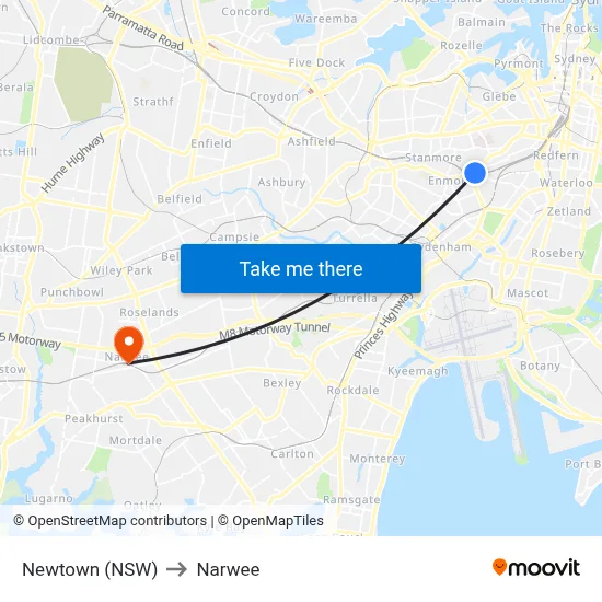 Newtown (NSW) to Narwee map