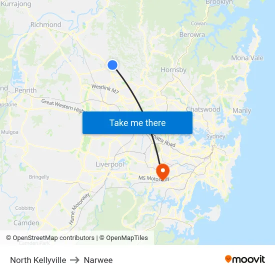 North Kellyville to Narwee map