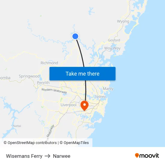Wisemans Ferry to Narwee map