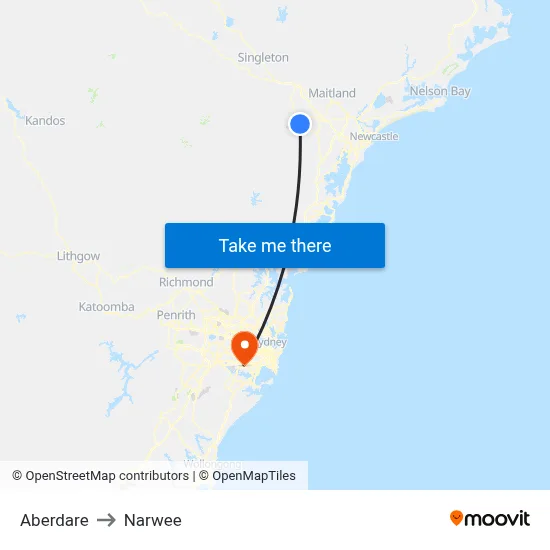 Aberdare to Narwee map