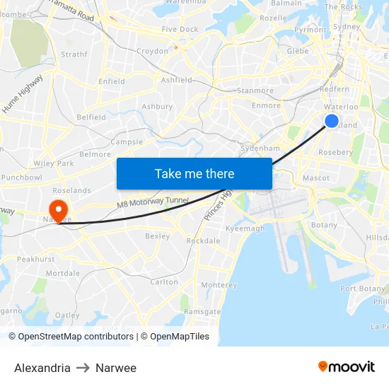 Alexandria to Narwee map