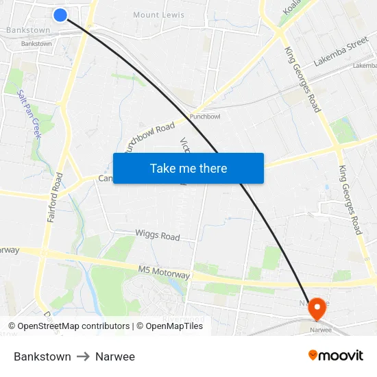 Bankstown to Narwee map