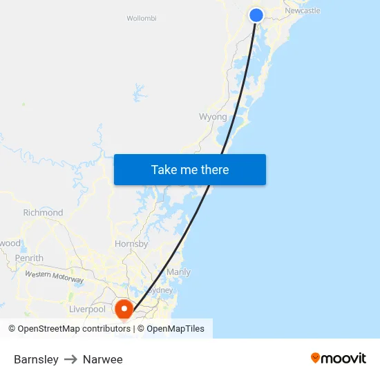 Barnsley to Narwee map