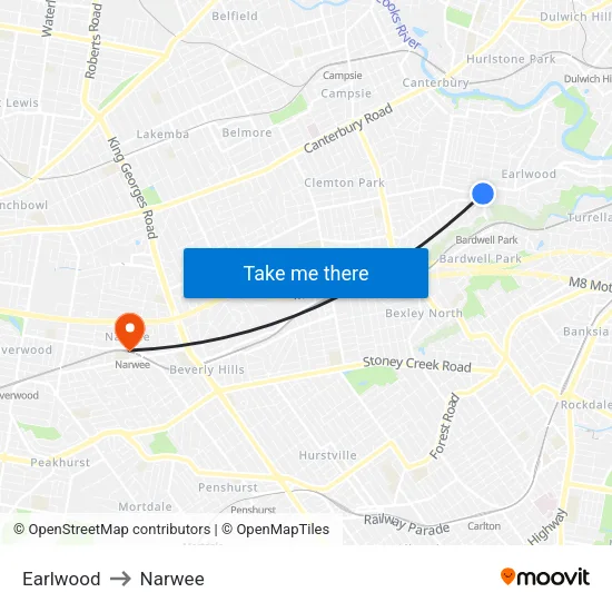 Earlwood to Narwee map