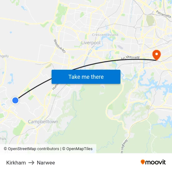 Kirkham to Narwee map