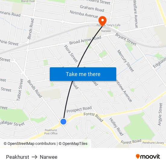 Peakhurst to Narwee map