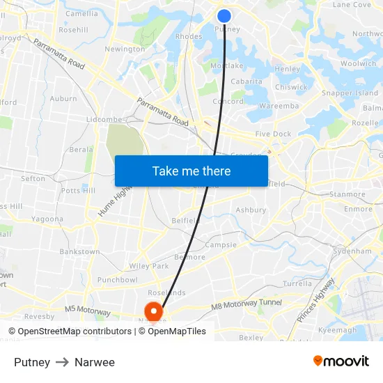 Putney to Narwee map
