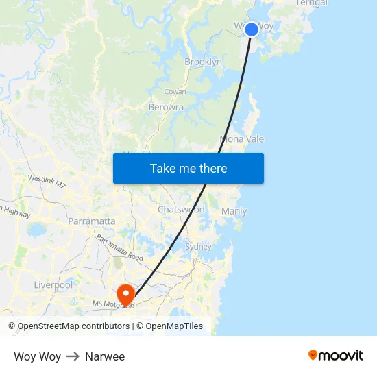 Woy Woy to Narwee map