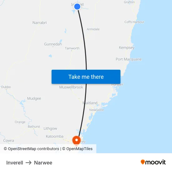 Inverell to Narwee map