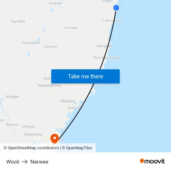 Wooli to Narwee map