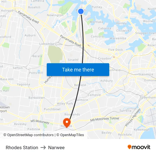 Rhodes Station to Narwee map