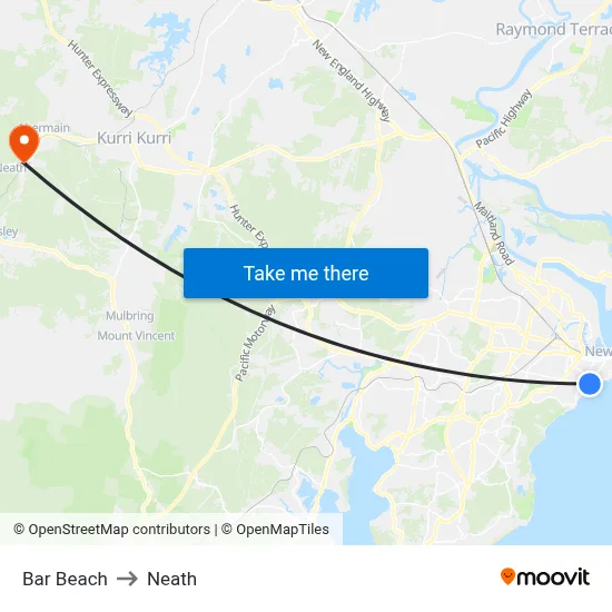 Bar Beach to Neath map