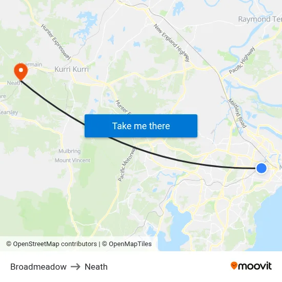 Broadmeadow to Neath map