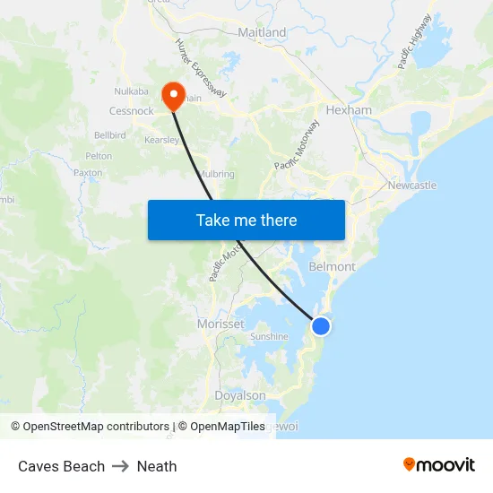 Caves Beach to Neath map