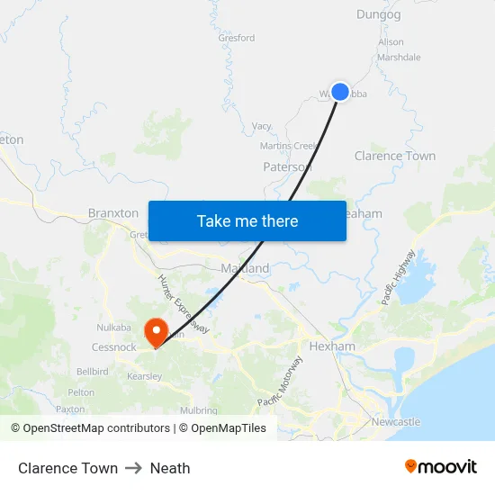 Clarence Town to Neath map
