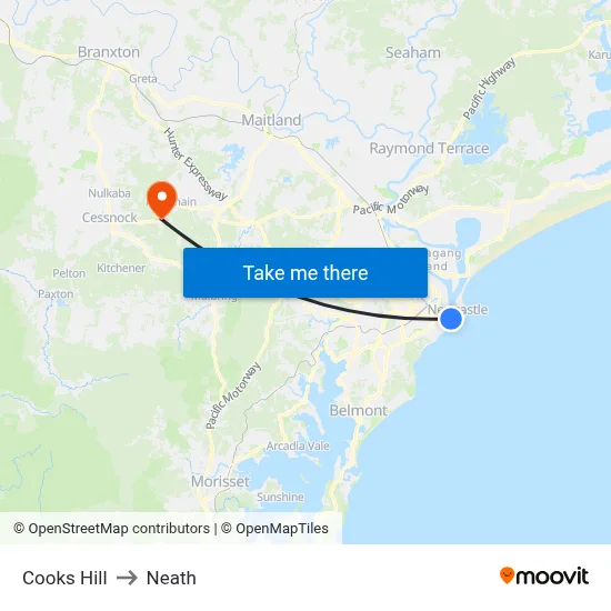 Cooks Hill to Neath map