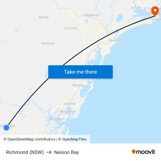 Richmond (NSW) to Nelson Bay map