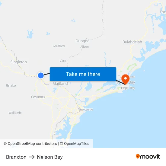 Branxton to Nelson Bay map