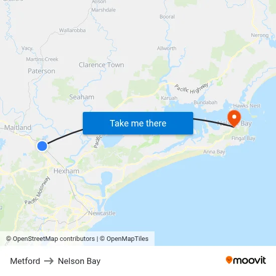 Metford to Nelson Bay map