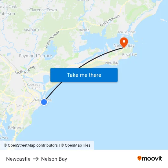 Newcastle to Nelson Bay map
