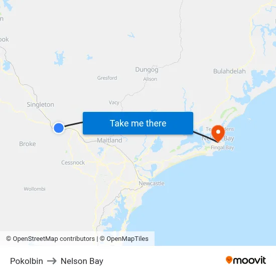 Pokolbin to Nelson Bay map