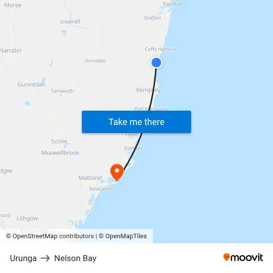 Urunga to Nelson Bay map